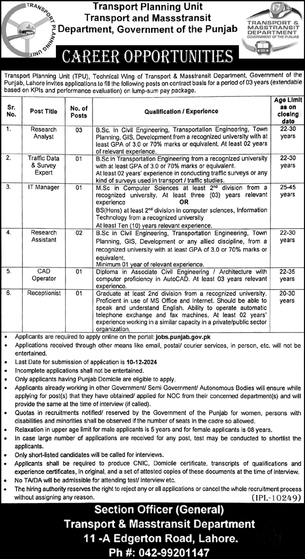 Transport & Mass Transit Department Lahore Jobs Notice 2024