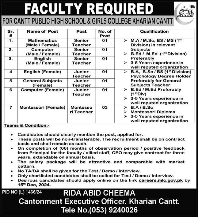 Cantt Public High School and Girls College Jobs 2024