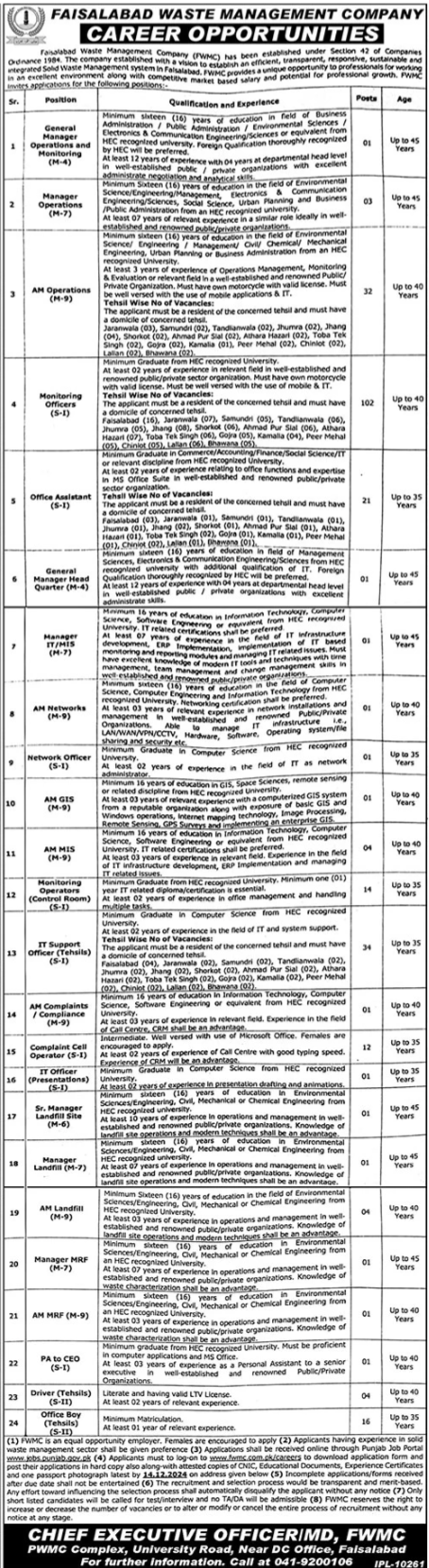 FWMC Faisalabad Waste Management Company Vacancies Notification 2024