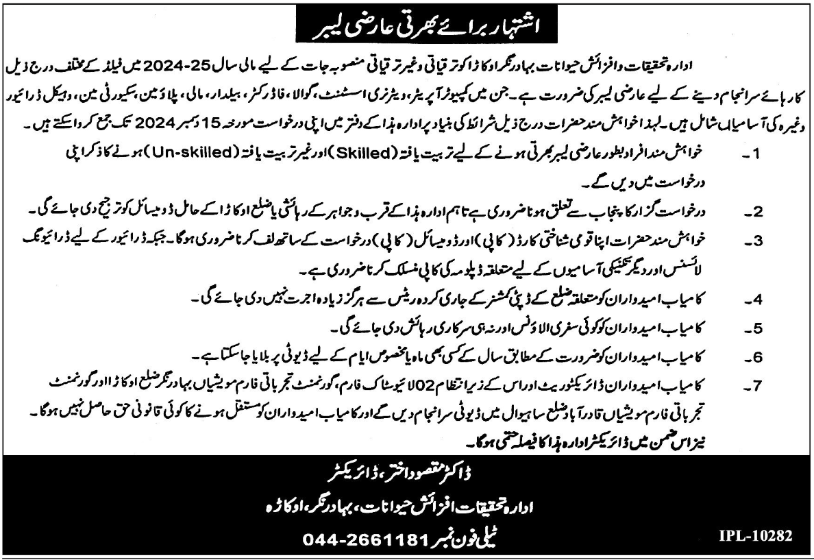 Livestock & Dairy Development Department Okara Jobs Notice 2024