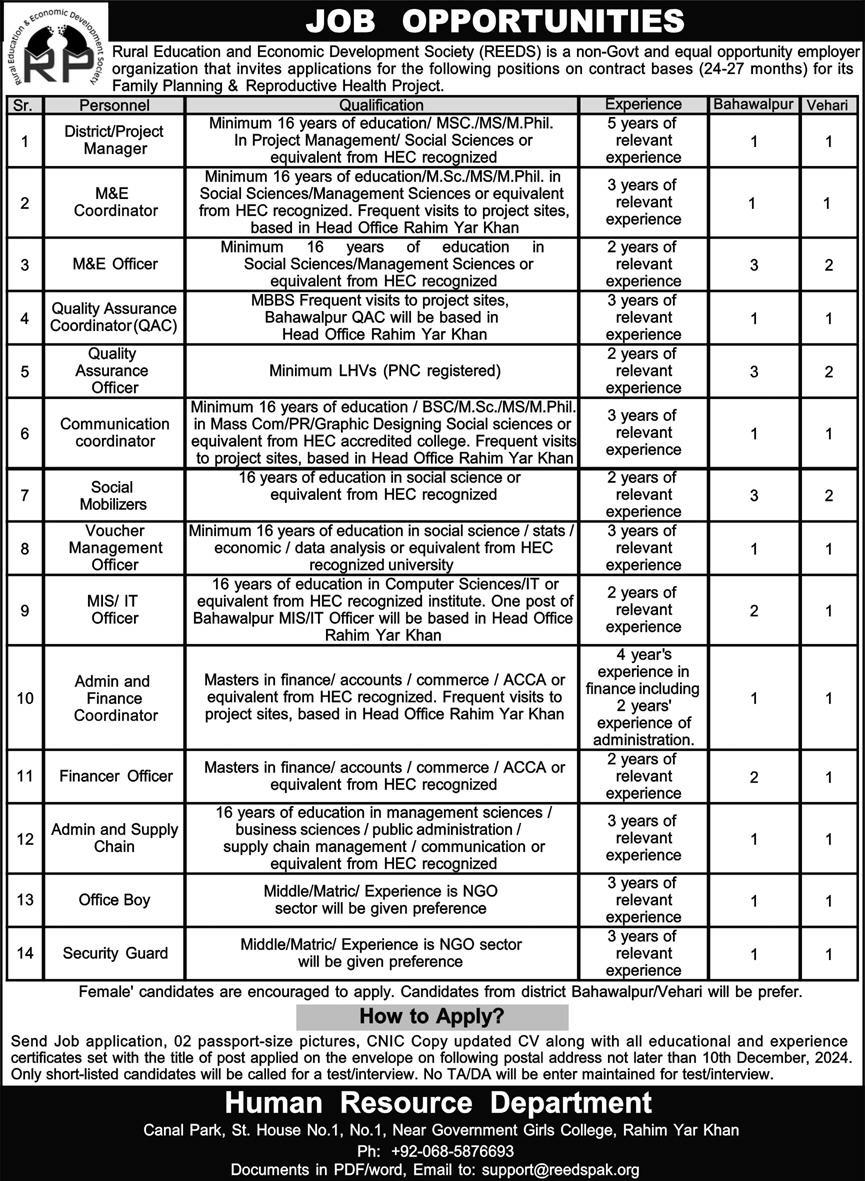 REEDS Rahim Yar Khan Jobs Notice 2024