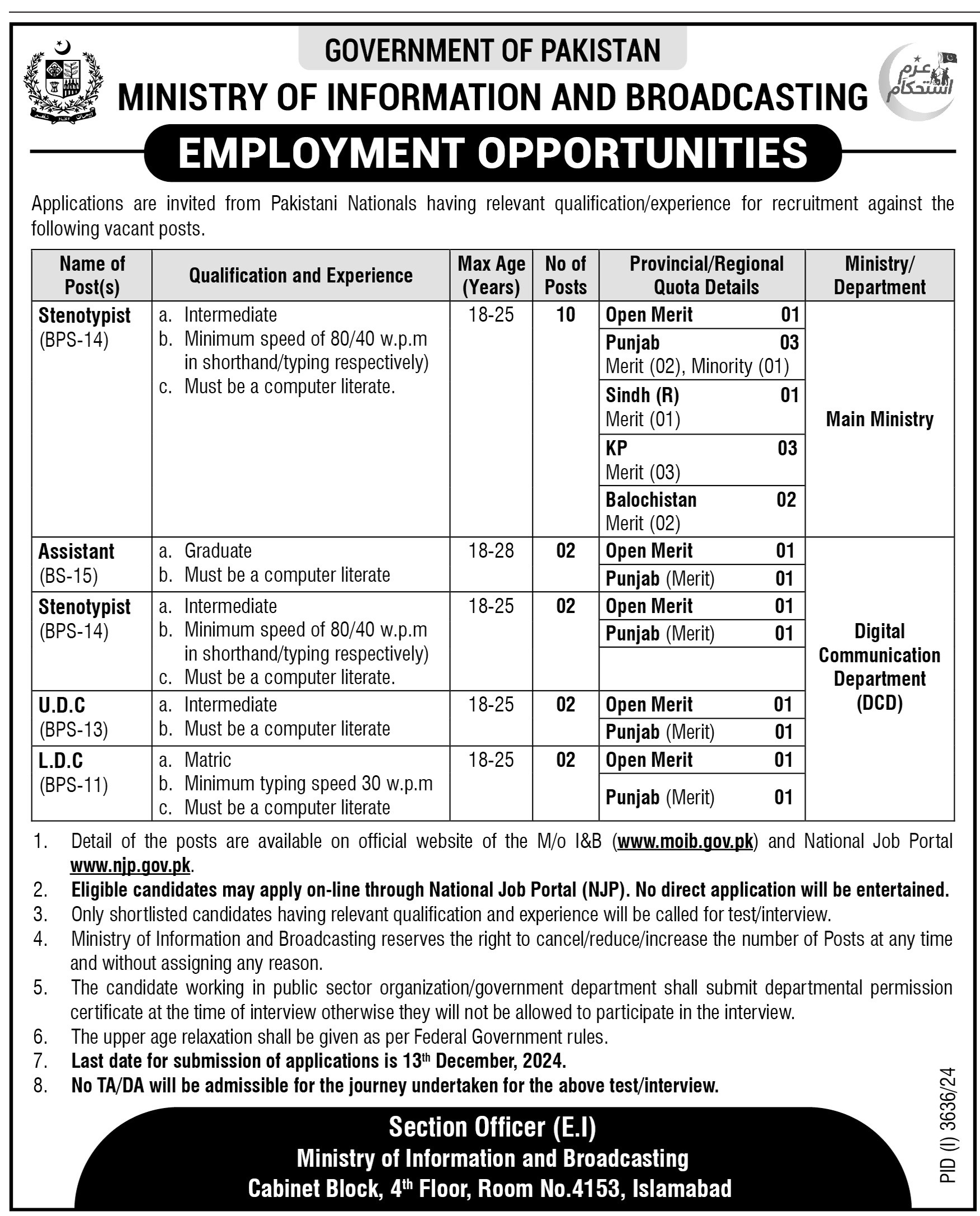 Ministry of Information & Broadcasting Islamabad Jobs Notice 2024