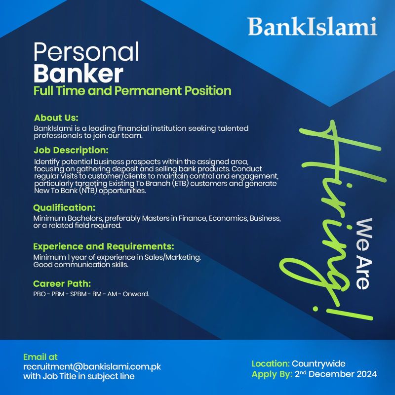 Bank Islami Jobs Notification Out November 2024