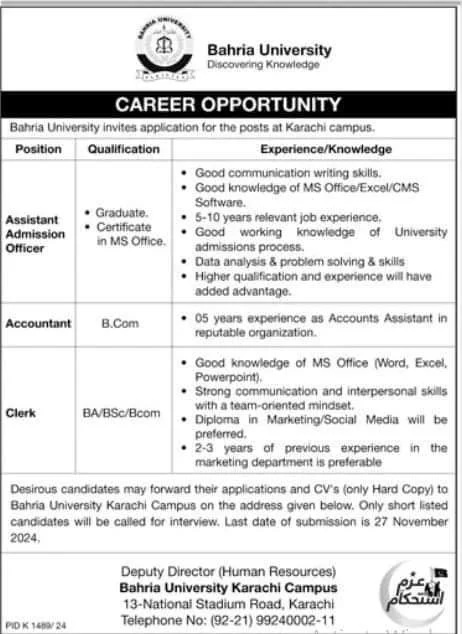 Bahria University Karachi Vacancies Notice 2024