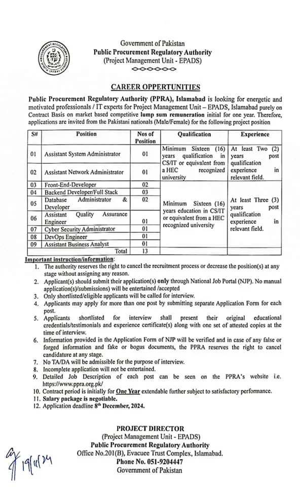 PPRA Islamabad Jobs Notification 2024