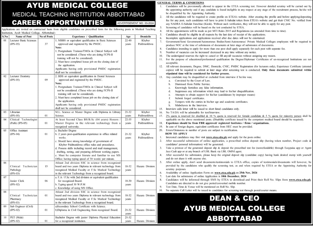 Ayub Medical College Abbottabad Vacancies Notification Out 2024