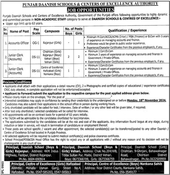 Punjab Daanish Schools & Center Of Excellence Authority Vehari Jobs Notification 2024