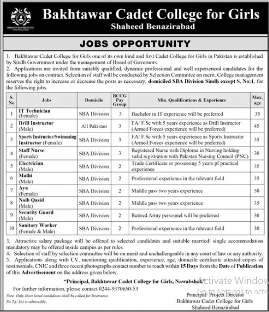 Bakhtawar Cadet College For Girls Jobs 2024