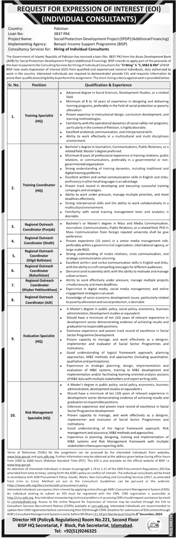 BISP Islamabad Jobs Notification Out 2024