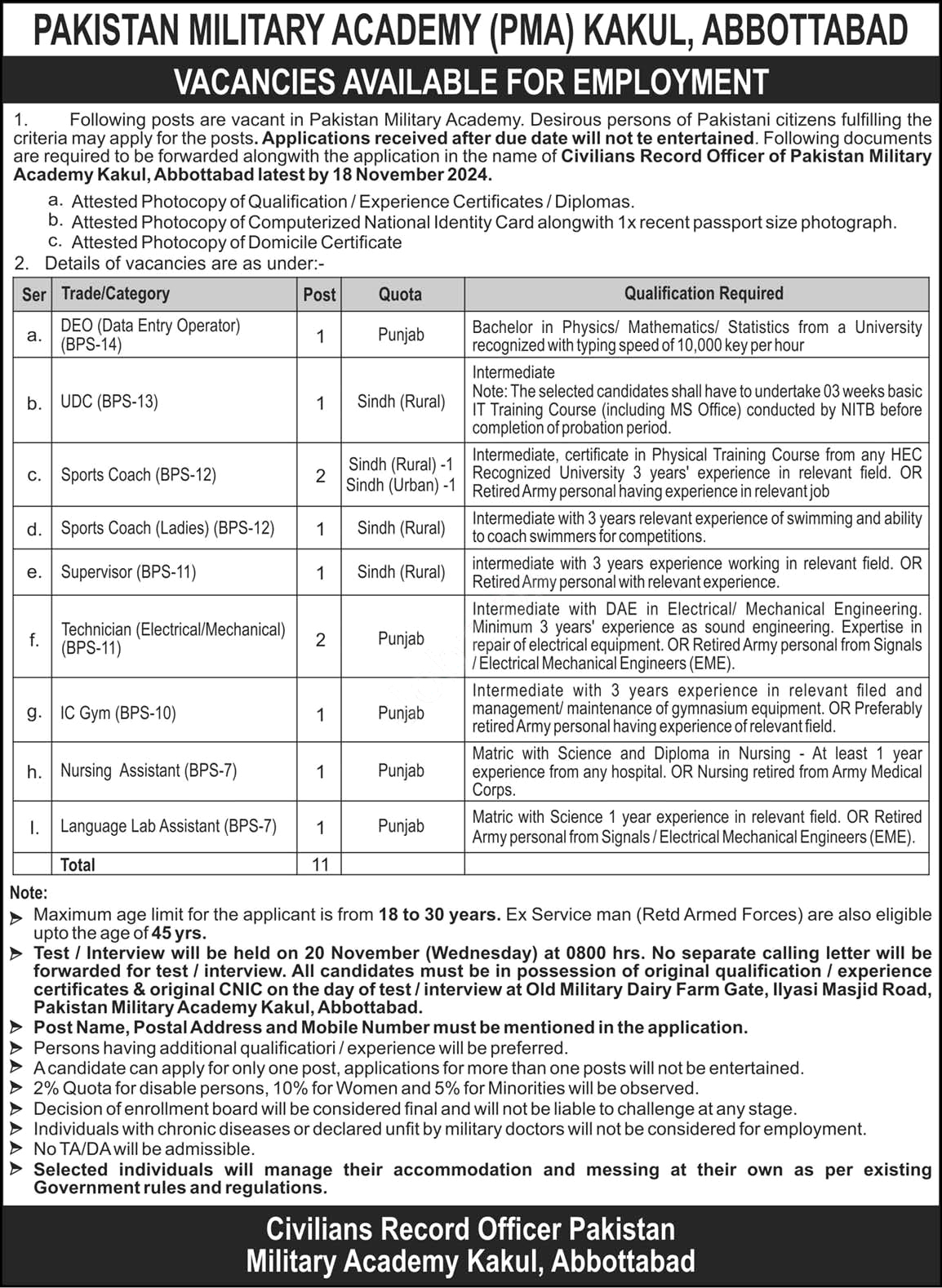 PMA Kakul Abbottabad Vacancies Notice 2024