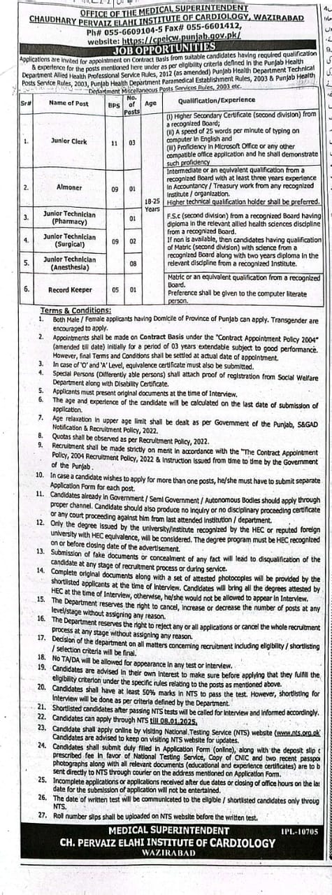 Chaudhry Pervaiz Elahi Institute Of Cardiology Jobs Notice 2024