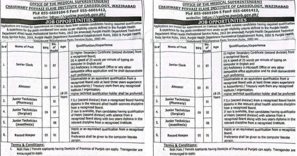 Chaudhry Pervaiz Elahi Institute Of Cardiology Jobs Notice 2024