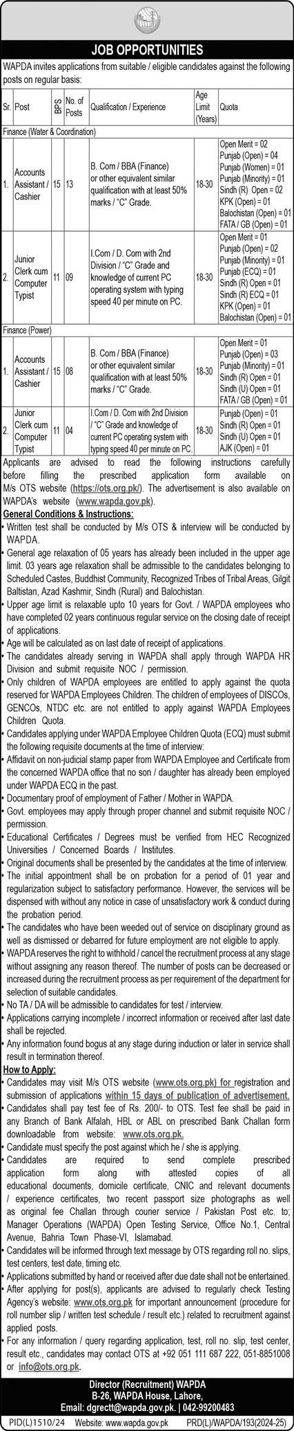 WAPDA Lahore Jobs Notice 2024