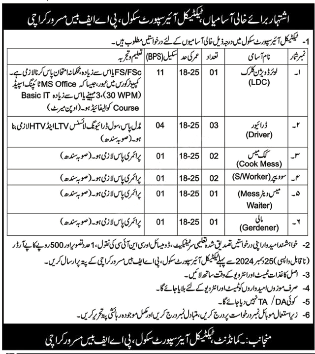 Tactical Air Support School PAF Base Jobs Notice 2024