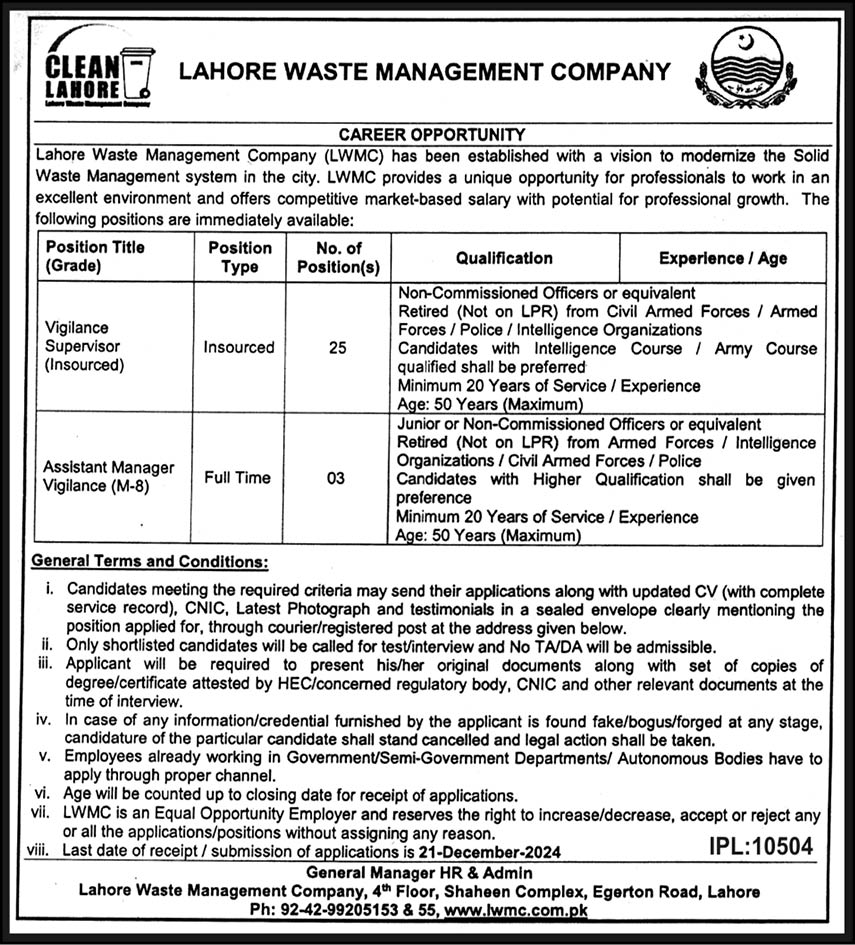 LWMC Lahore Waste Management Company Jobs 2024 