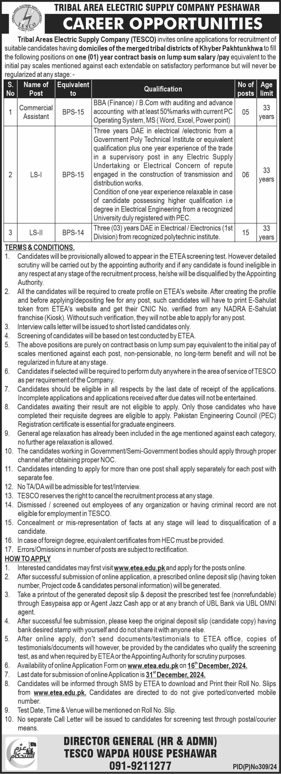 TESCO Peshawar Jobs Notification Out 2024 