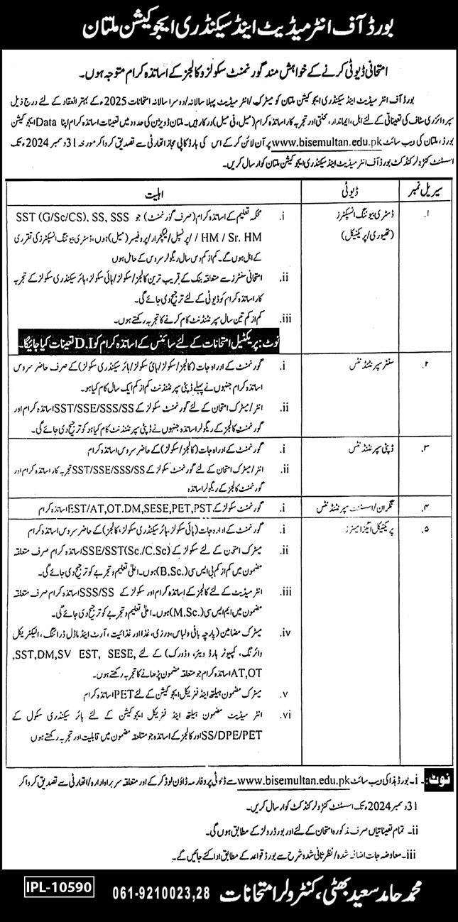 BISE Multan Jobs Notification Out 2024