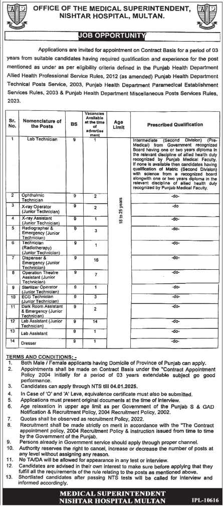 Nishtar Hospital Multan Jobs Notice December 2024