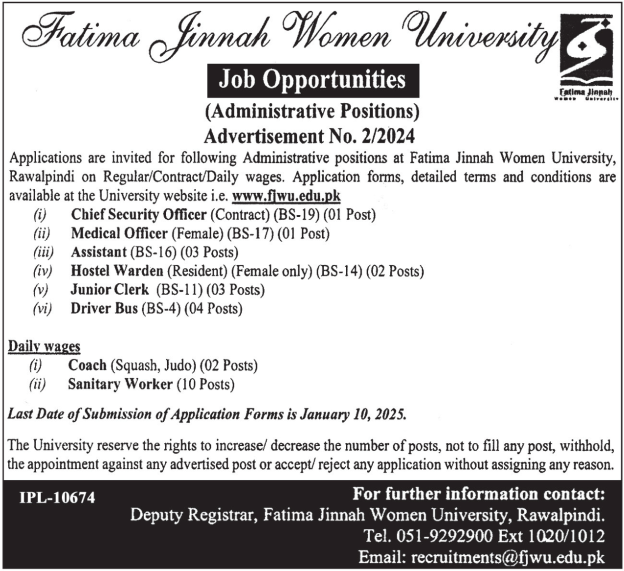 Fatima Jinnah Women University Rawalpindi Jobs Notice 2024