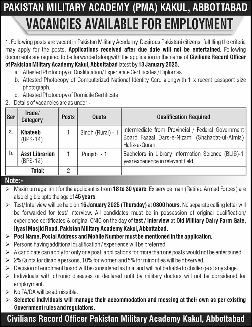 Pakistan Military Academy PMA Abbottabad Jobs Notice 2024