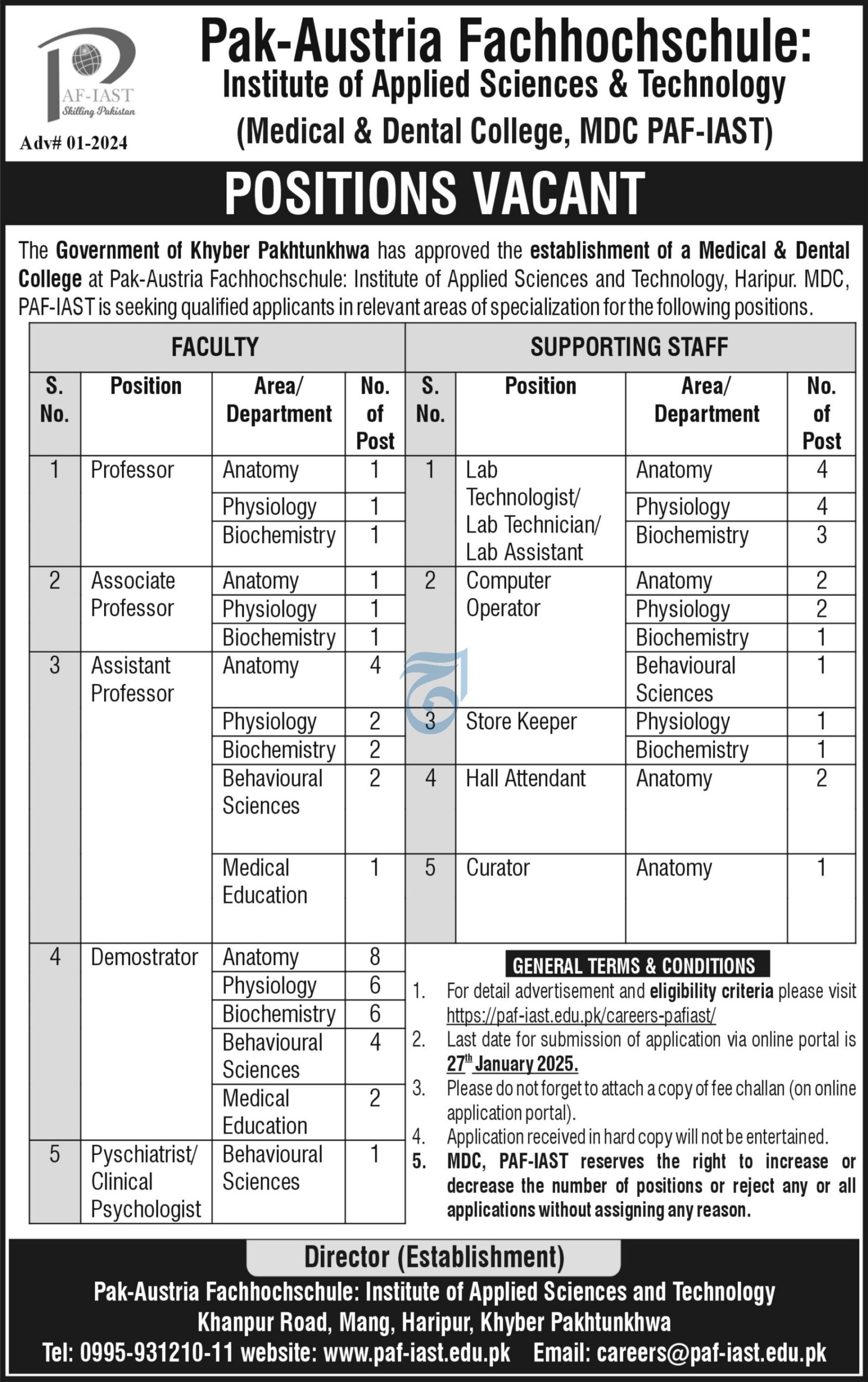 PAF Institute Of Applied Sciences & Technology Jobs Notice 2024