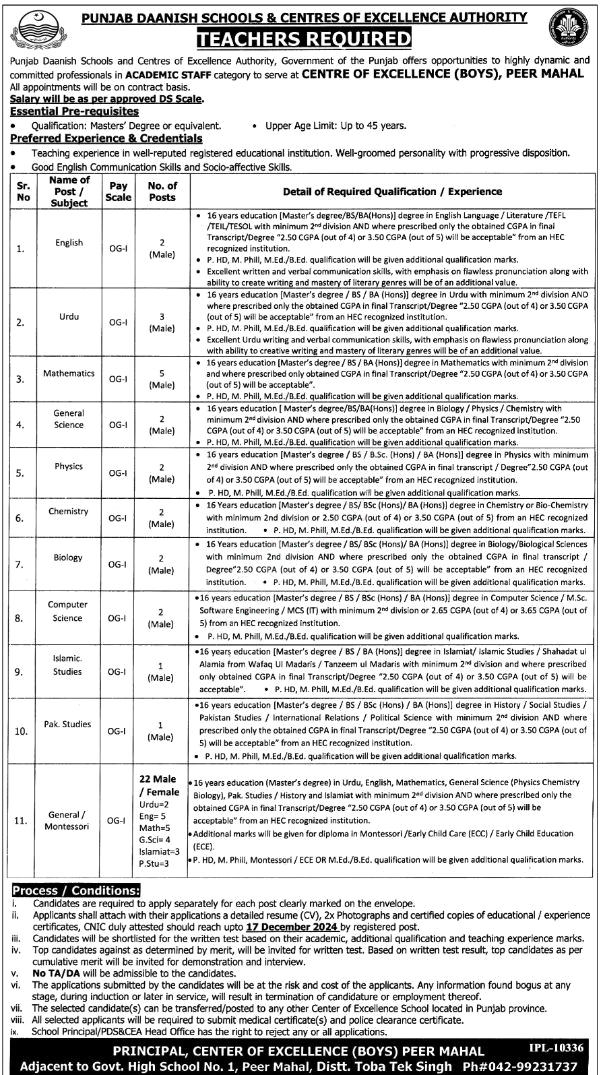 Punjab Daanish Schools & Center Of Excellence Authority Jobs Notice 2024