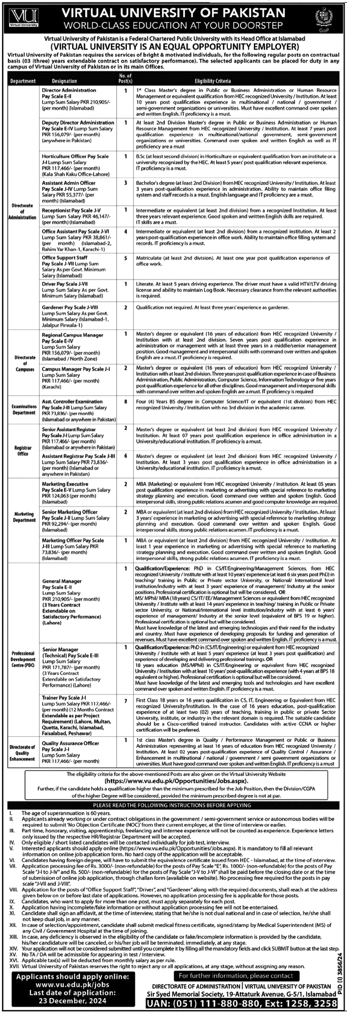 Virtual University Of Pakistan Islamabad Vacancies Notification 2024