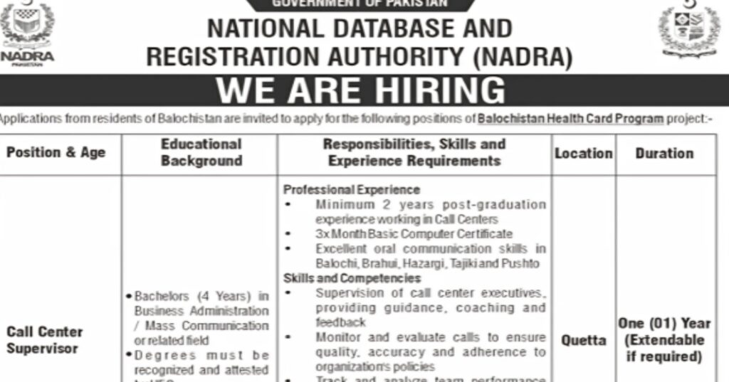 National Database & Registration Authority NADRA Islamabad Jobs 2025