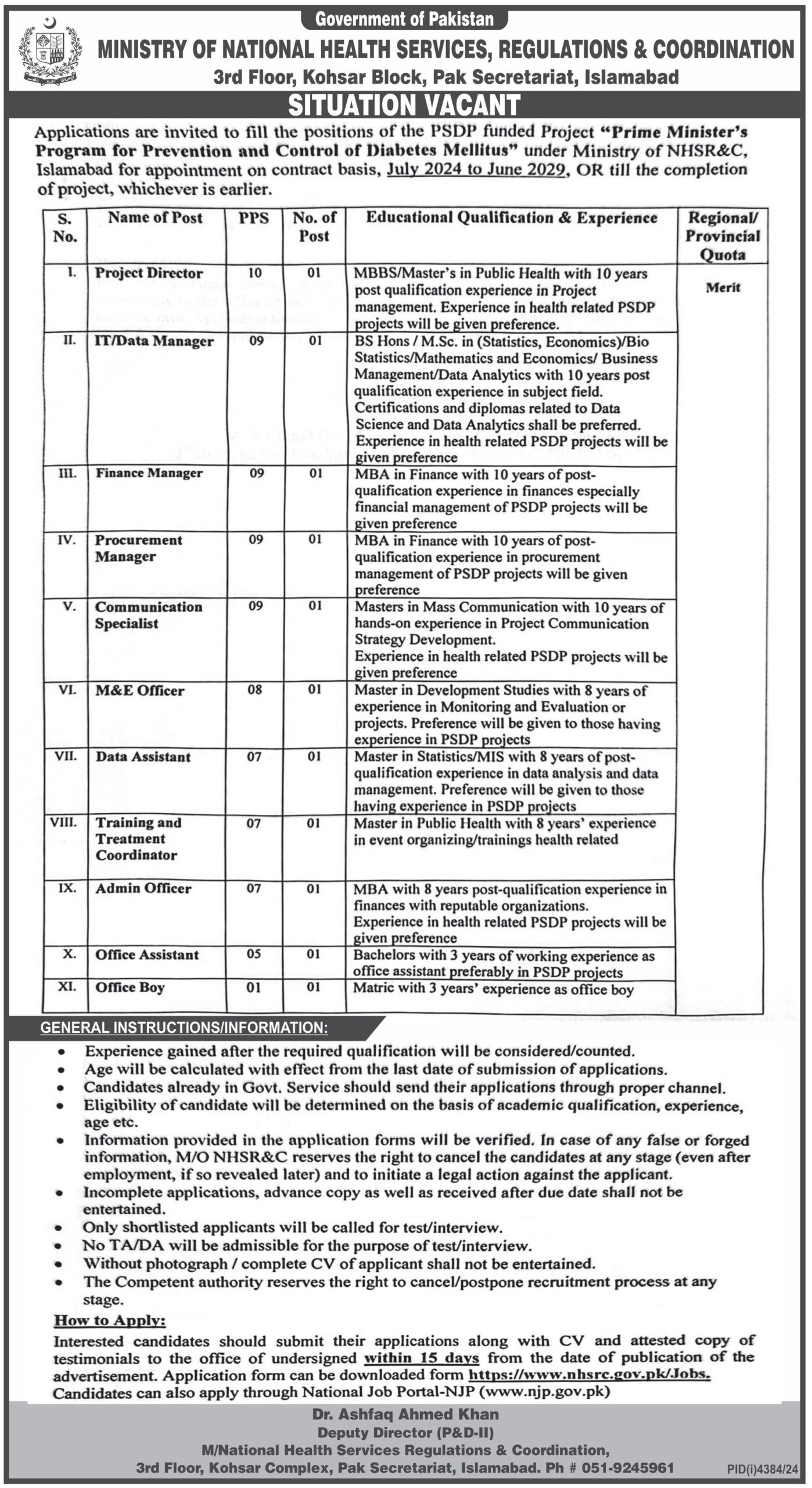 Ministry Of National Health Services Islamabad Jobs Notice 2025