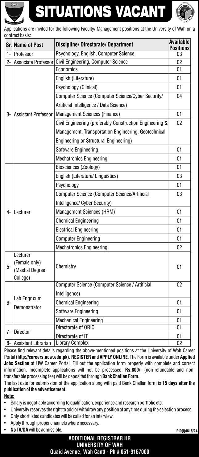 University Of Wah Jobs Notice January 2025