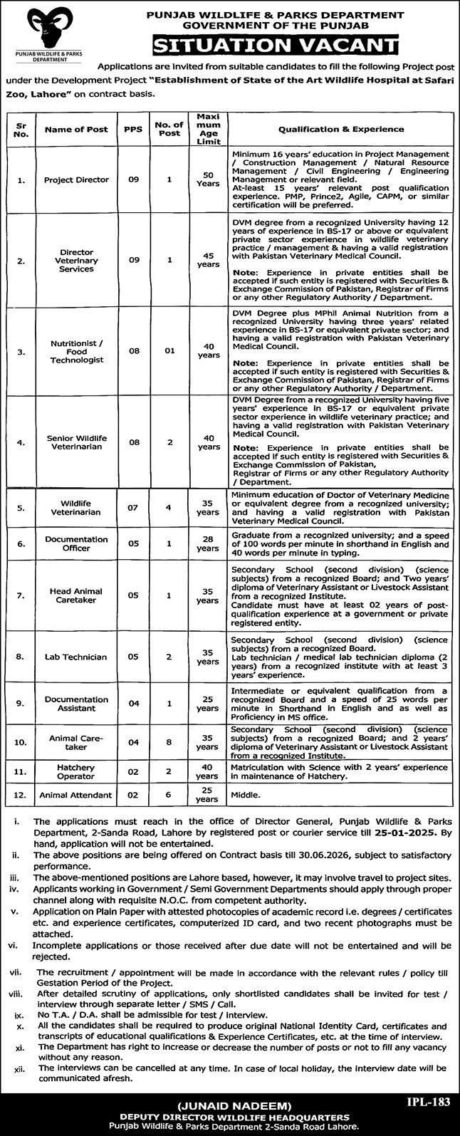 Punjab Wildlife & Parks Department Lahore Jobs Notice 2025