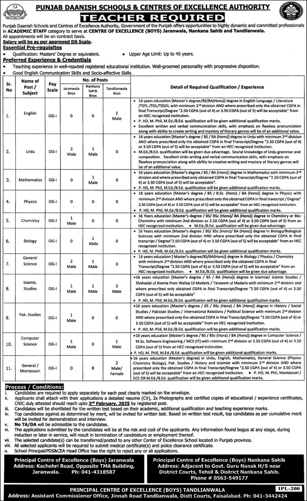 Punjab Daanish Schools & Center Of Excellence Authority Jobs Notice 2025