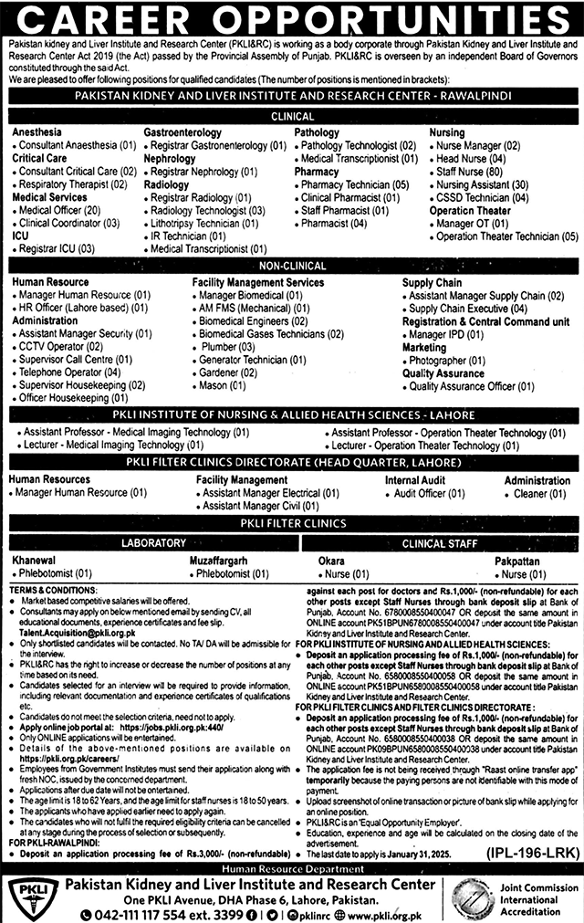 Pakistan Kidney & Liver Institute And Research Centre PKLI Lahore Jobs 2025