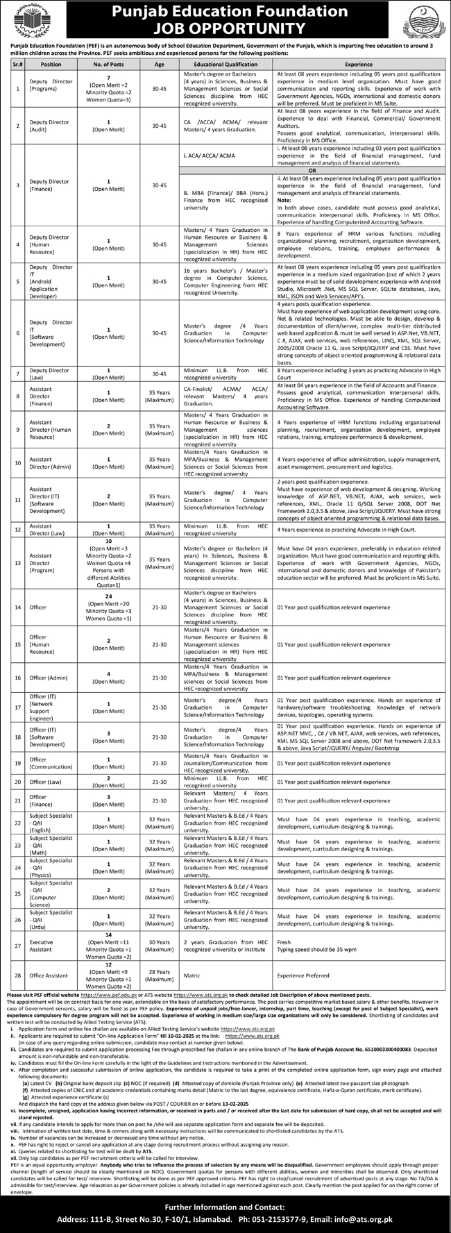 Punjab Education Foundation PEF Islamabad Latest Jobs 2025