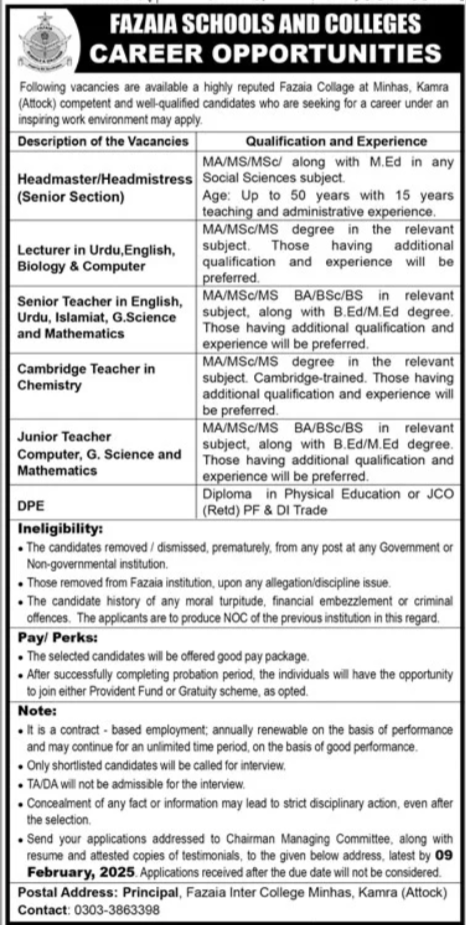 Fazaia Schools And Colleges Attock Jobs Notice 2025