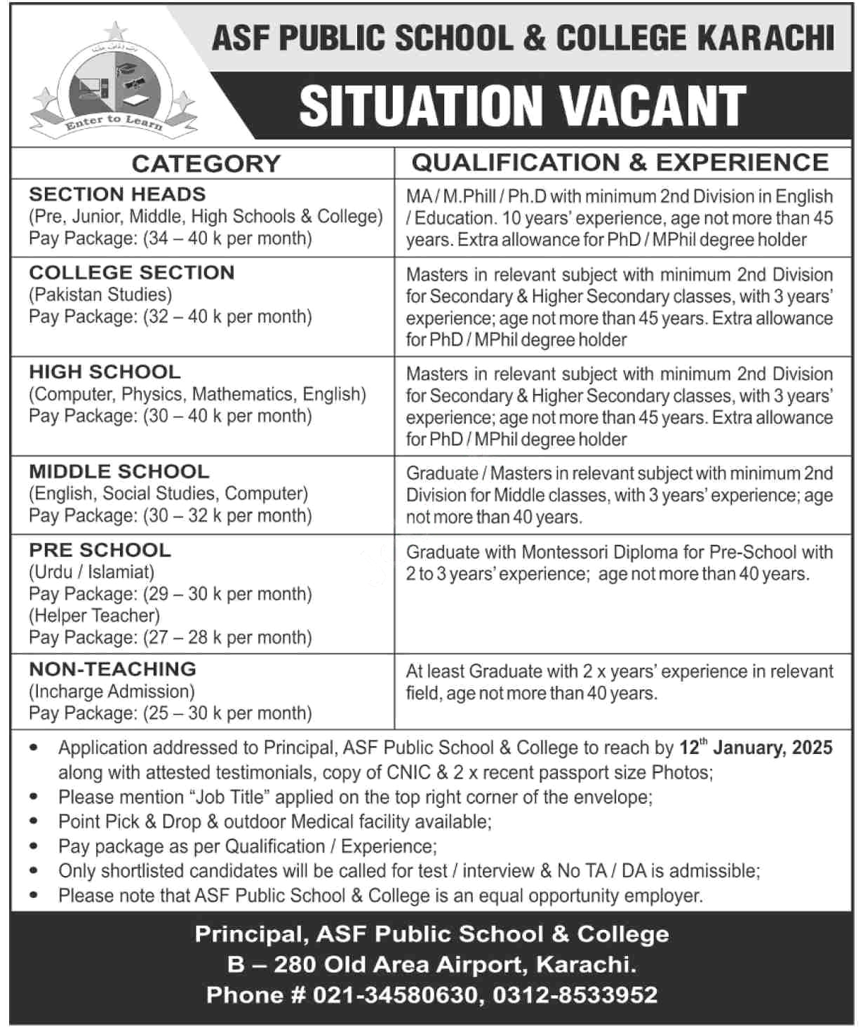 ASF Public School & College Karachi Jobs Notice 2025