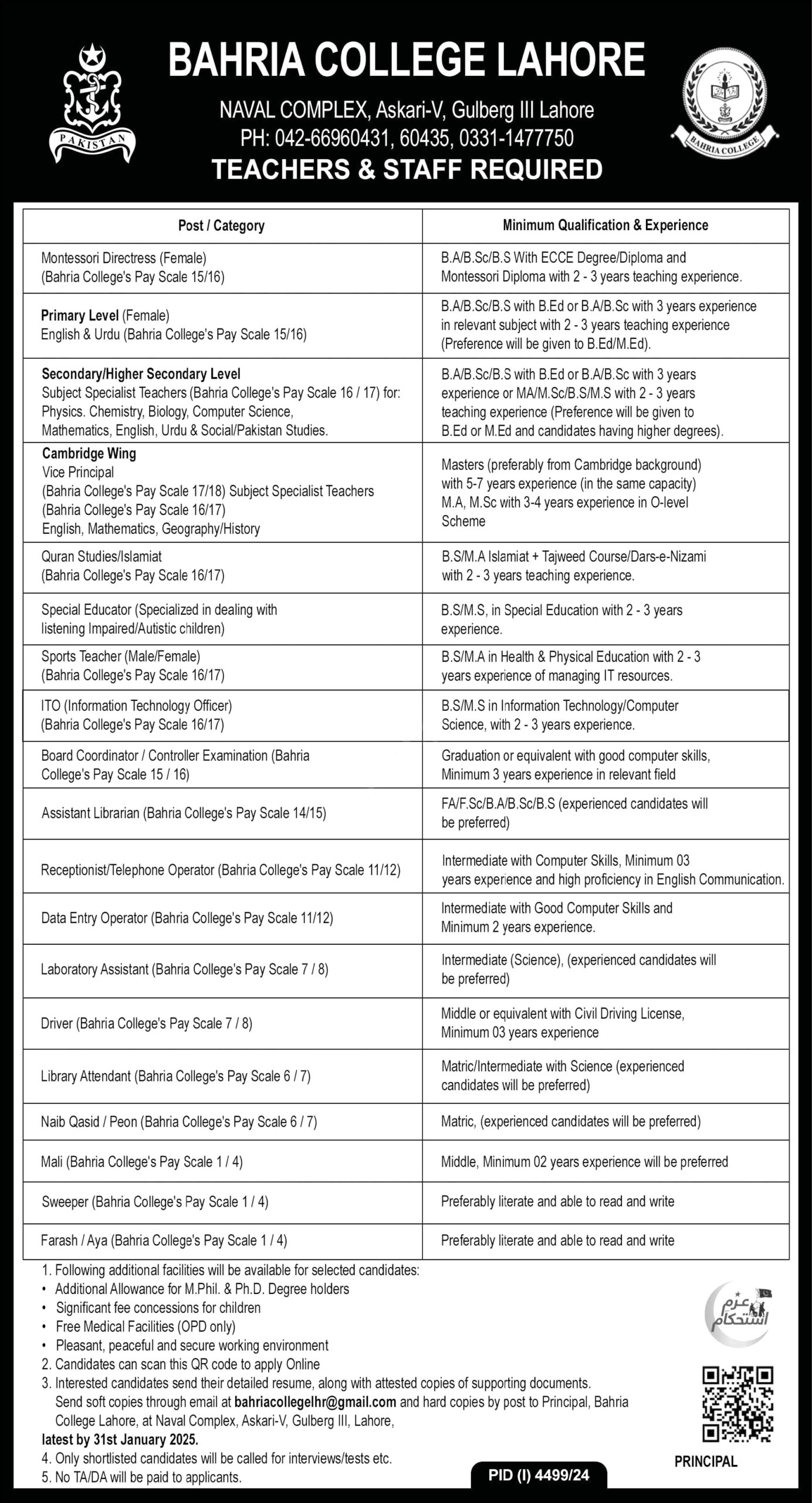 Bahria College Lahore Jobs Notice January 2025