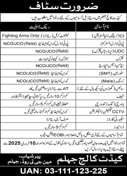 Cadet College Jhelum Non Teaching Staff Jobs Notice 2025