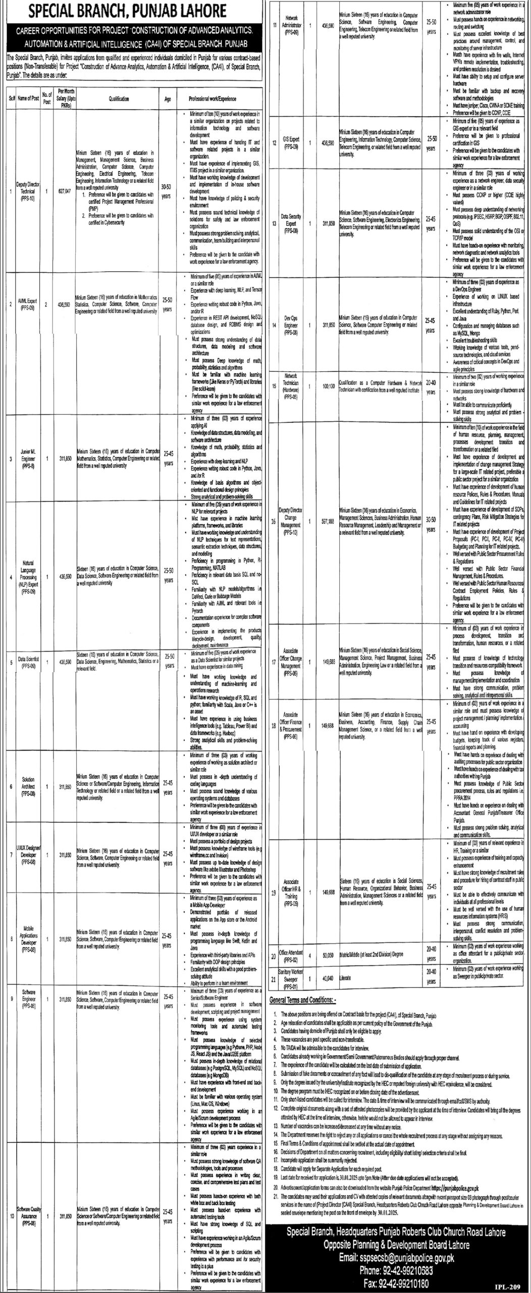 Special Branch Punjab Police Lahore Jobs Notification Out 2025