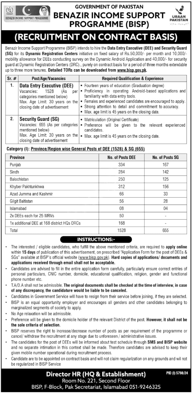 Benazir Income Support Programme BISP Latest Jobs 2025