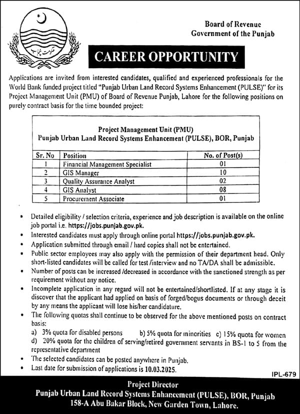 Board of Revenue Lahore Vacancies Notice February 2025