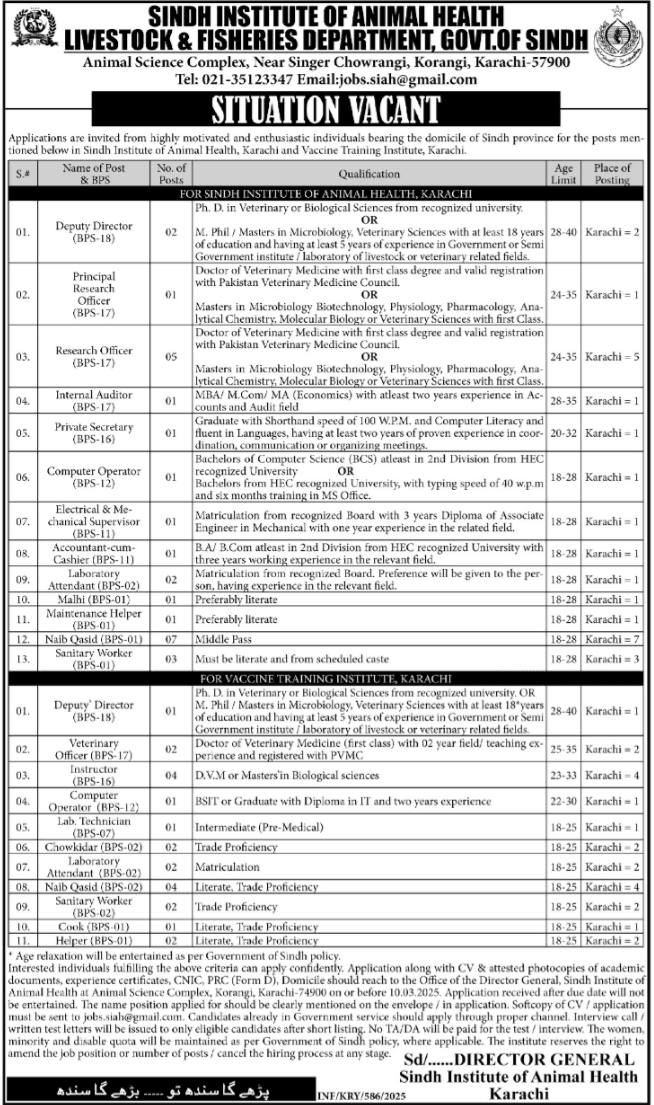 Livestock & Fisheries Department Karachi Jobs Notice February 2025