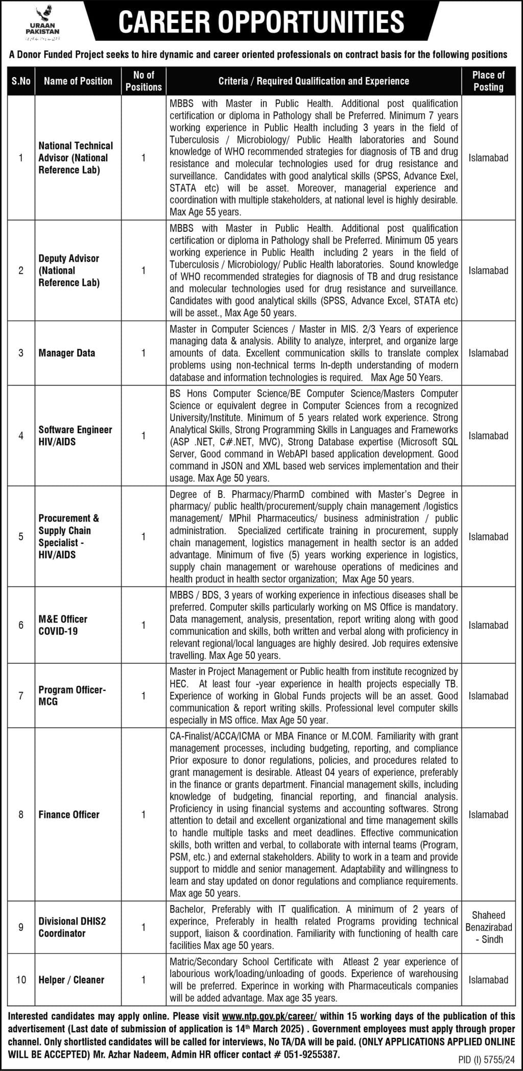 National TB Control Program NTP Islamabad Jobs Notice 2025