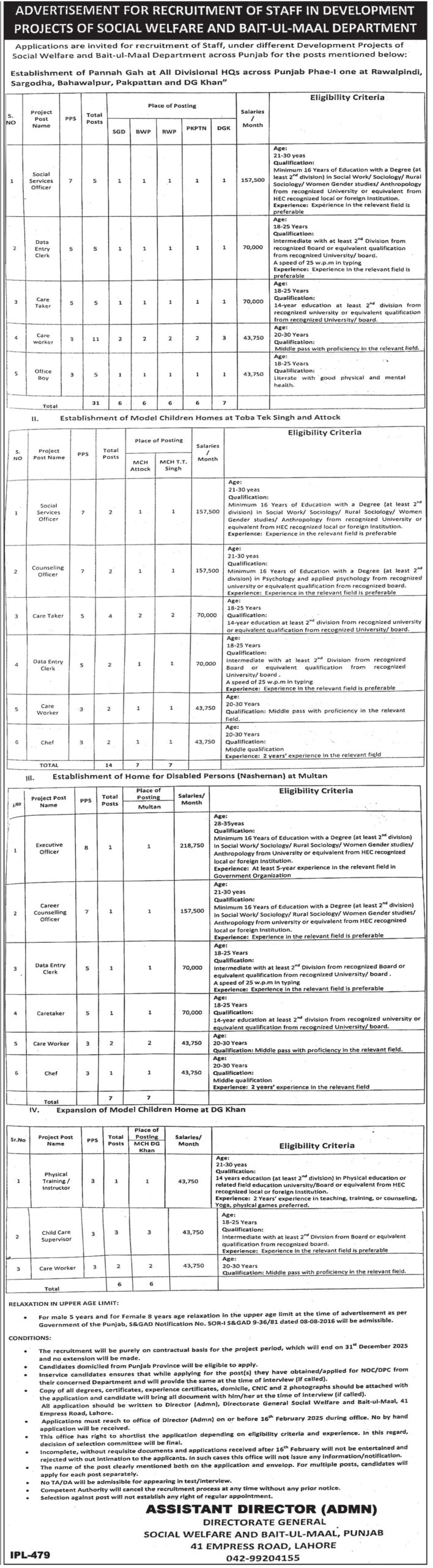 Social Welfare & Bait-Ul-Maal Department Punjab Vacancies Notice 2025