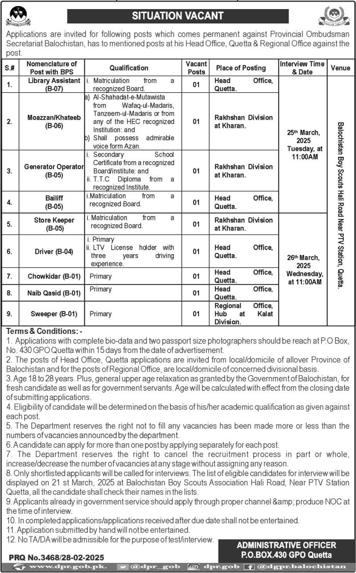 Provincial Ombudsman Secretariat Quetta Jobs Notice March 2025