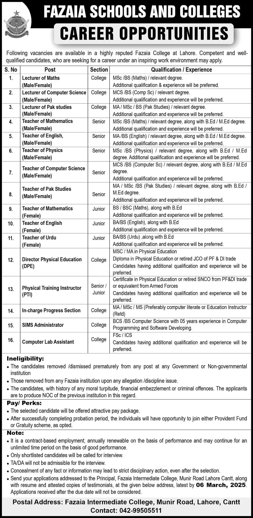 Fazaia Schools And Colleges Lahore Jobs Notice March 2025