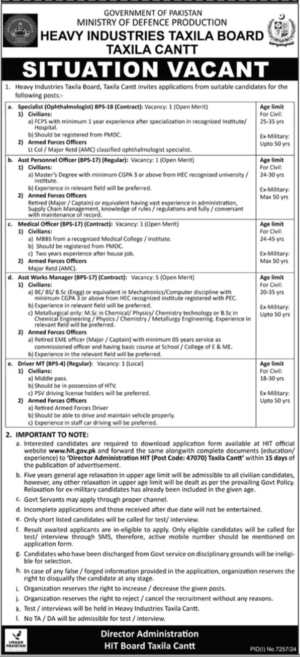 Heavy Industries Taxila Board Latest Jobs Advertisement 2025