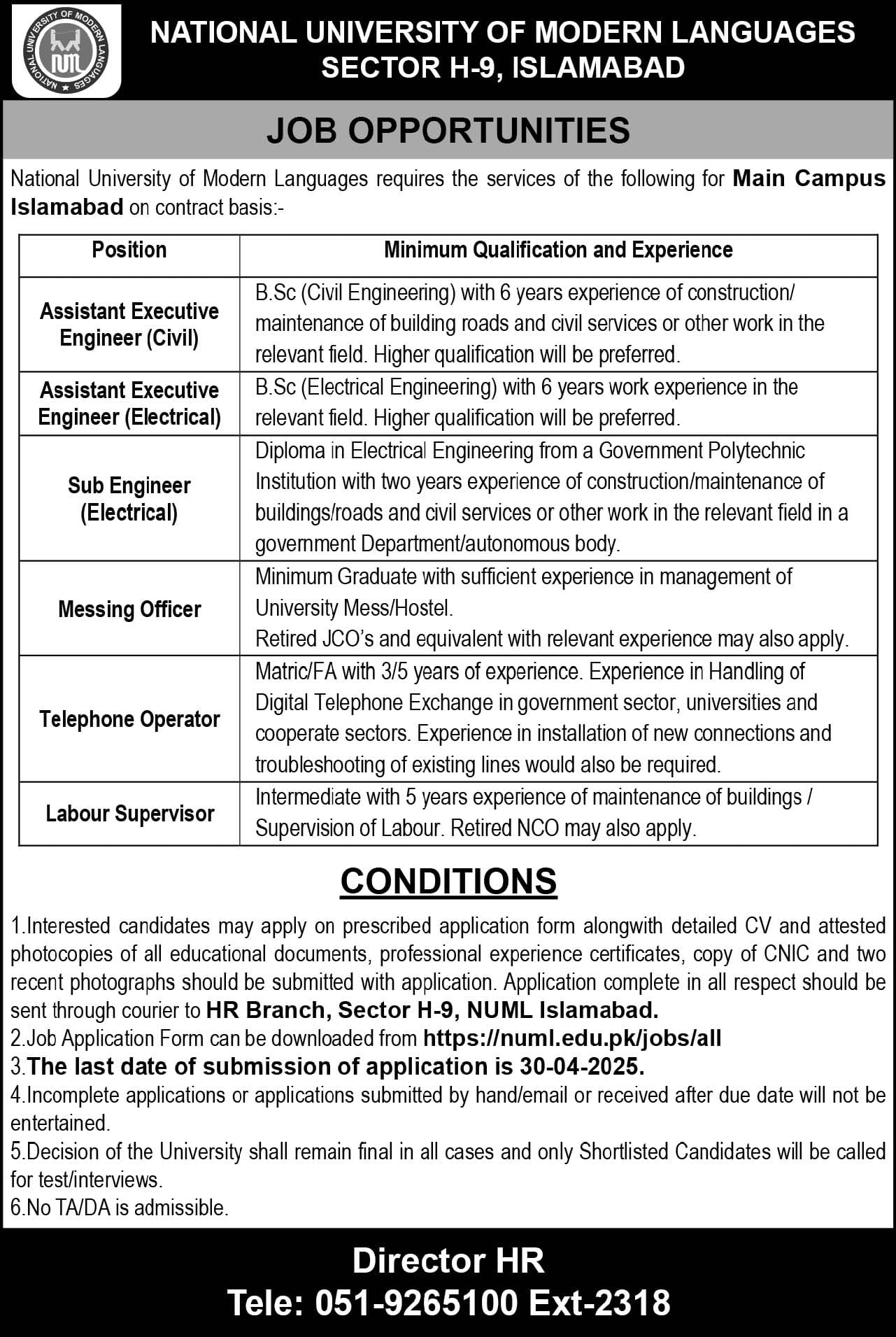 NUML Islamabad Jobs April 2025